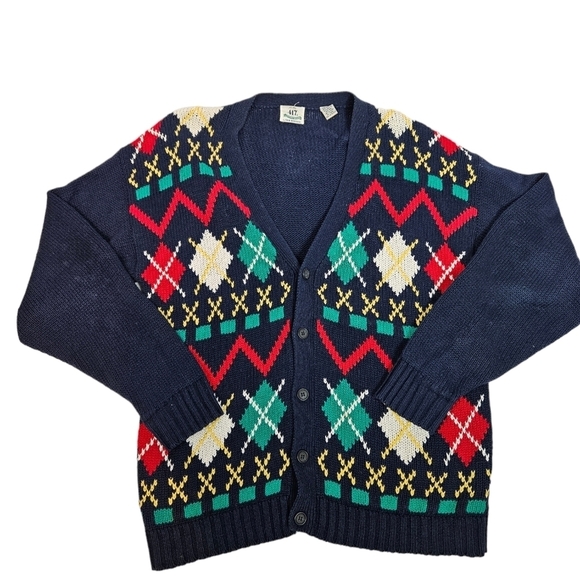 Vintage 417 Van Heusen Argyle Button Front Grandpa Sweater Cardigan Size‎ XL B91 - Picture 1 of 10